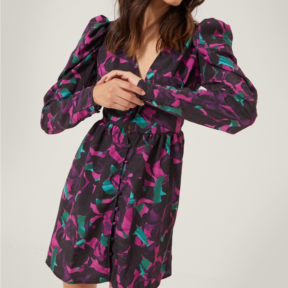 Puff Sleeve V Neck Mini Dress In Print